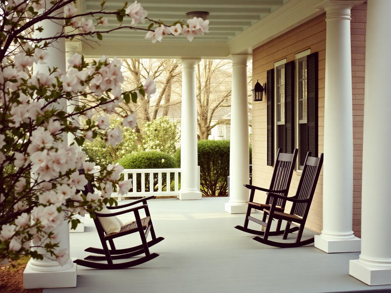 Carolina front porch with rocking chairs and dogwood blossoms