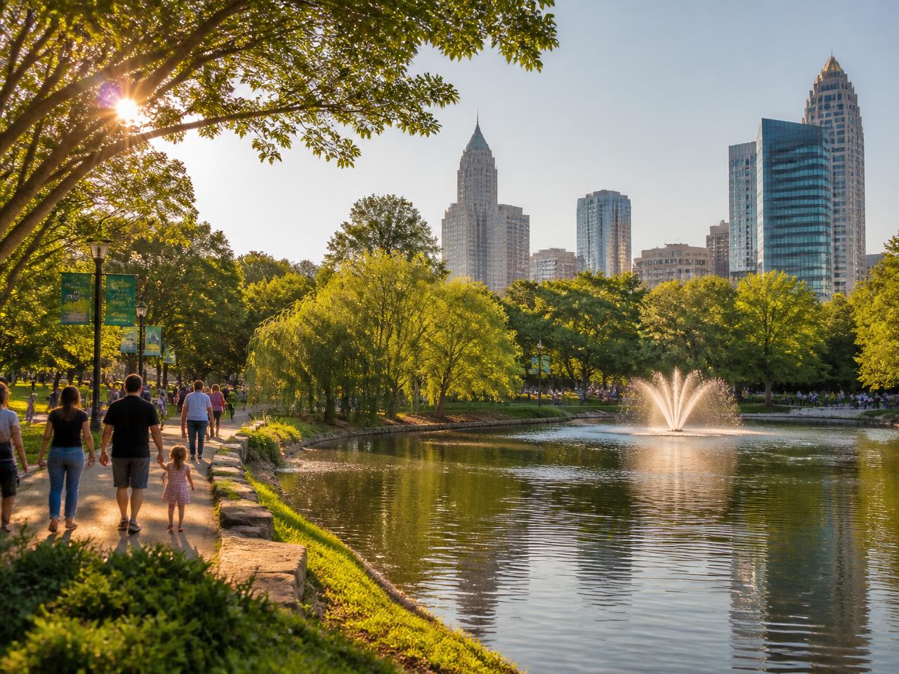 Lake, fountain and walking paths at Freedom Park in Charlotte, NC