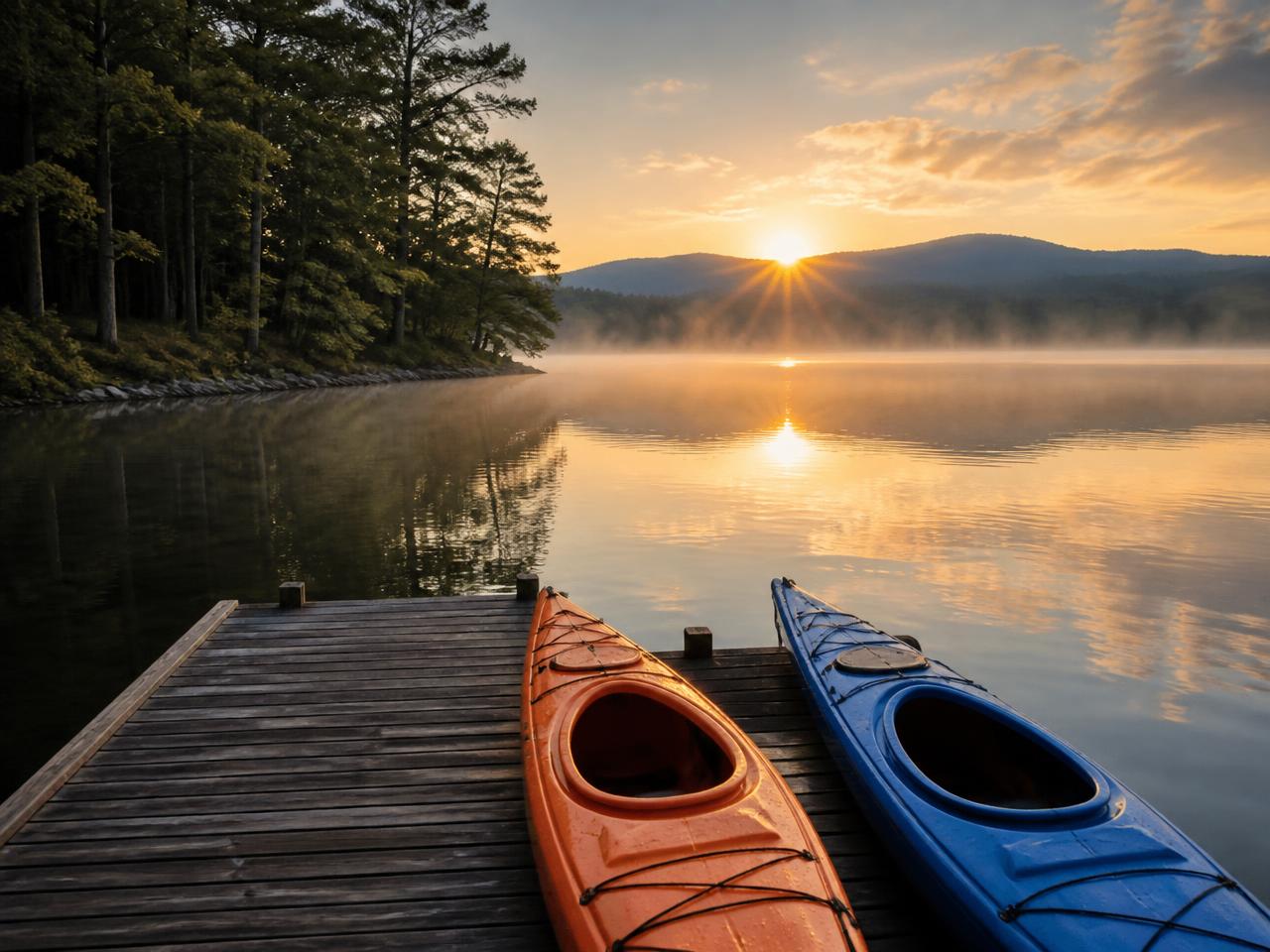 Kayaks on a dock at sunrise on Lake Hickory in the NC foothills
