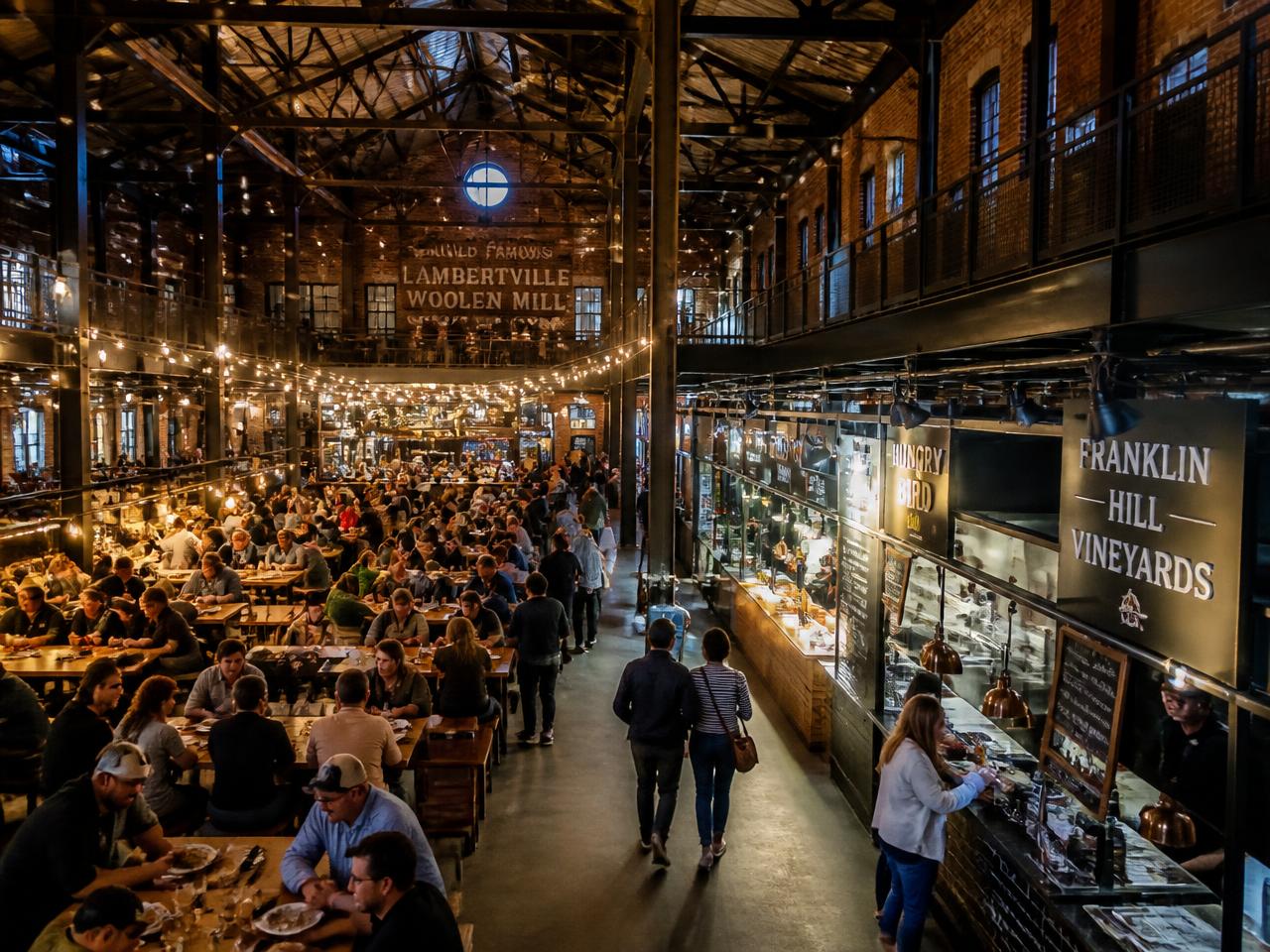 Food hall inside a historic brick mill in Charlotte, NC