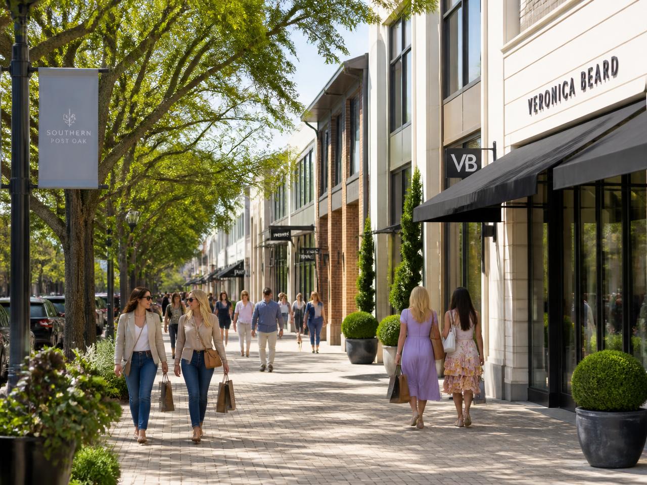 Upscale shopping district storefronts in the SouthPark area of Charlotte, NC