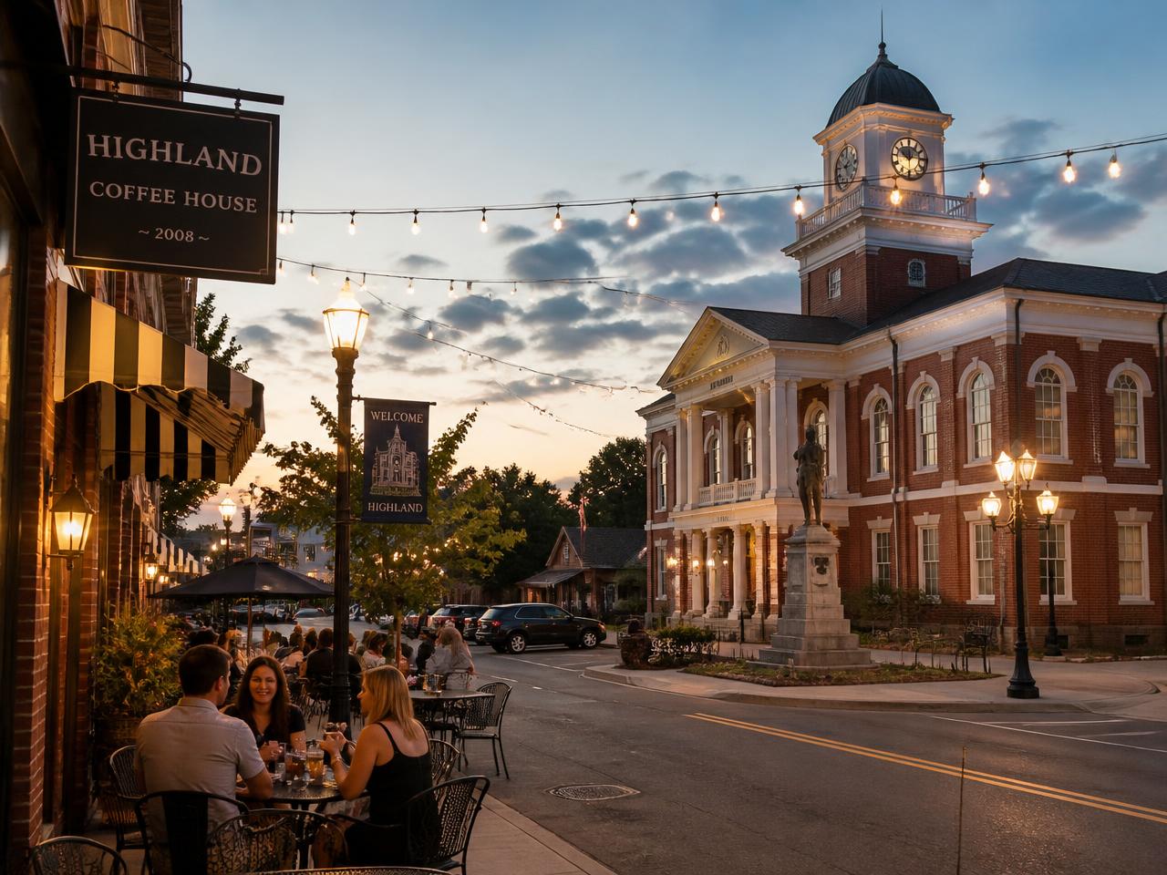 Historic courthouse square with sidewalk cafes in uptown Shelby, NC